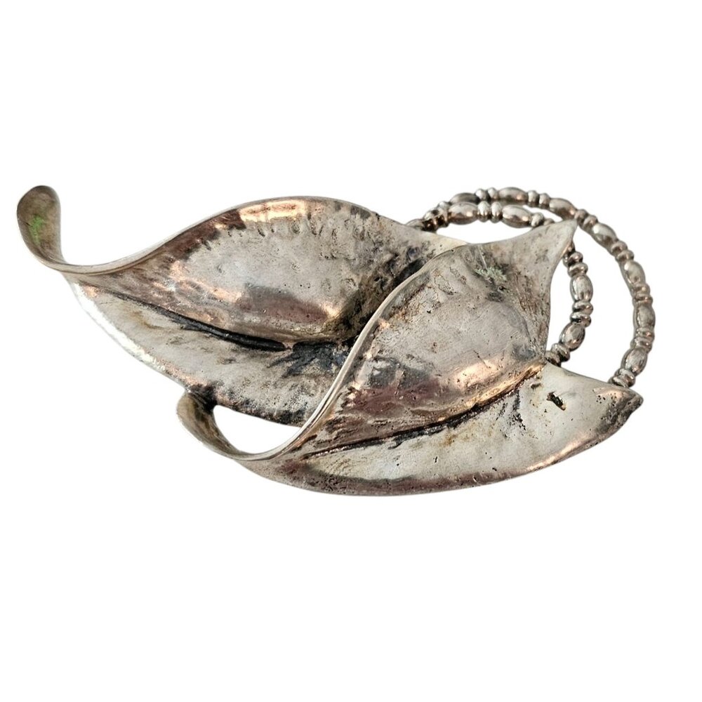 Sterling By Jewel Art Sterling Silver Double Leaf Brooch Chunky Pin Signed, J100